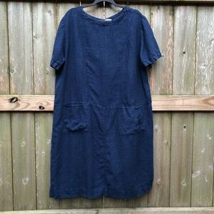 Cut Loose 100% Linen Midi Shirt Dress Size 1X Navy Short Sleeves Pockets